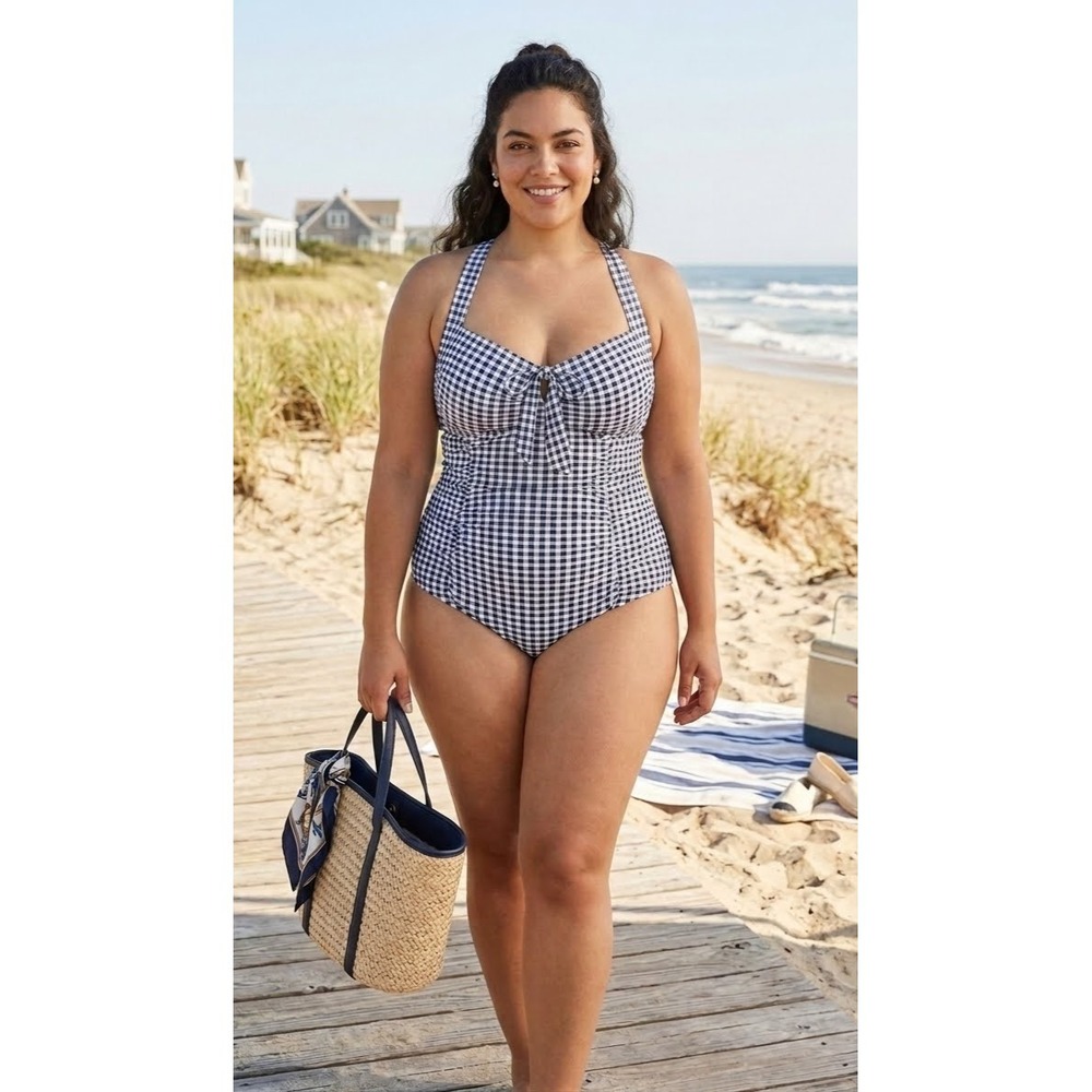 torrid Navy and White Gingham One-Piece Swimsuit